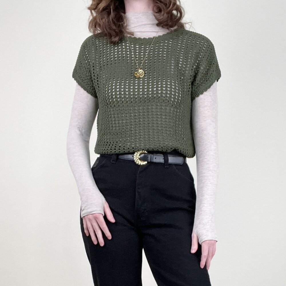 Vintage Open Knit Crochet Pointelle Sweater Vest Top Blouse Oversized Loose Fit